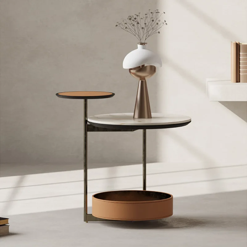 Designer Saddle Leather & Sintered Stone Side Table Modern Luxury 3-Tier Corner Coffee Table for Living Room Sofa