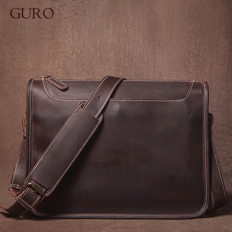 

GURO Vintage Original Crazy Horse Cowhide Shoulder Bag Men Genuine Leather Crossbody Bag Business Briefcase Luxury Messenger Bag