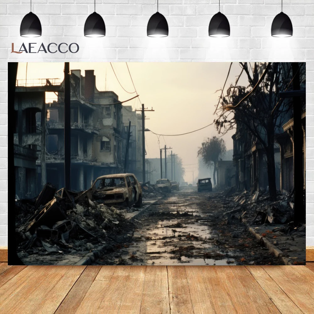 Laeacco Destroyed City Halloween Horror Backdrop Car Fire Dark Sky Apocalyptic Ruined House Photography Background Decoration