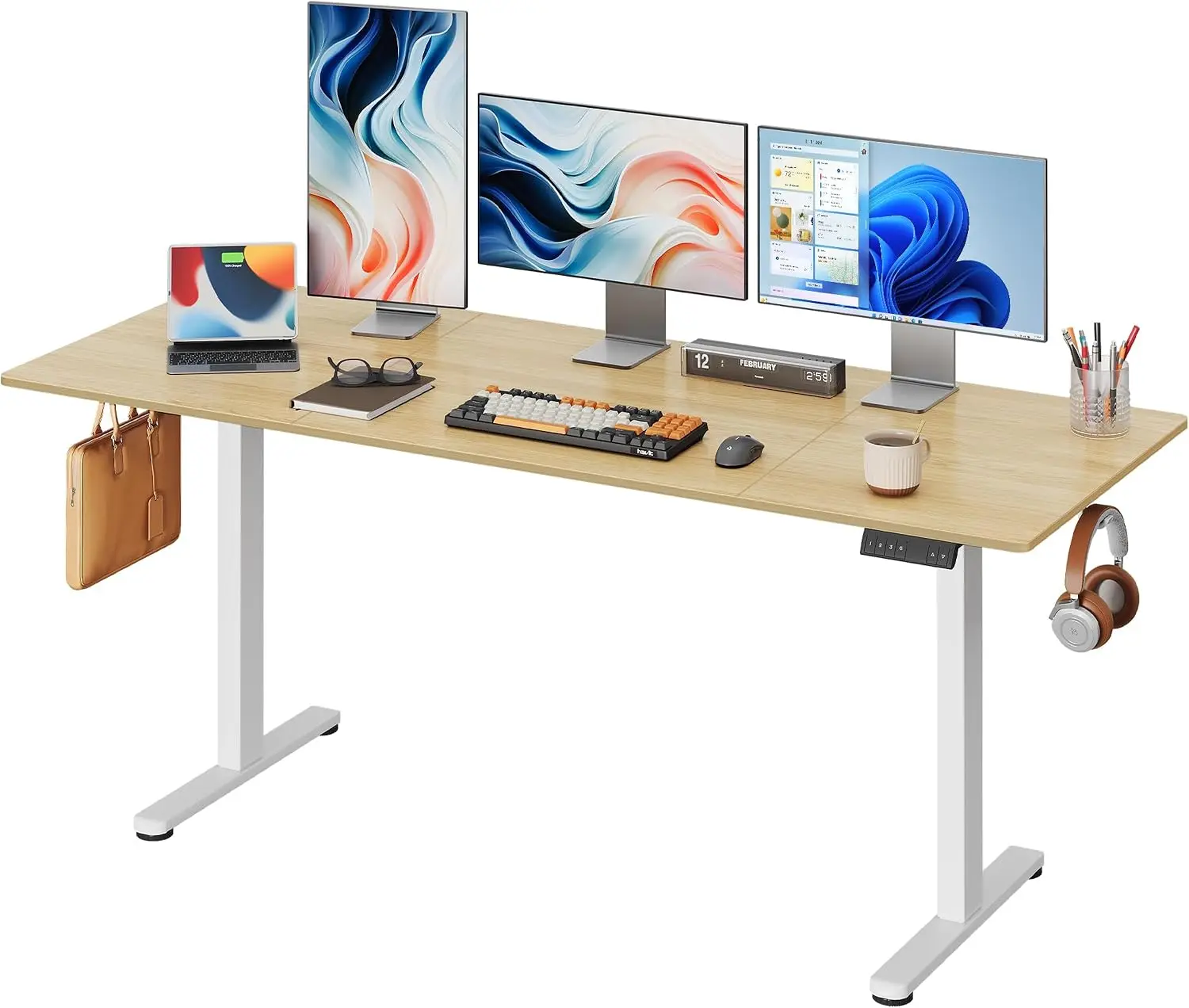 71 Inch Standing Desk With Split Top LED Touchscreen Headphone Hook Memory Preset Height Adjustable Electric Sit Stand Computer Desk For Home Office Maple