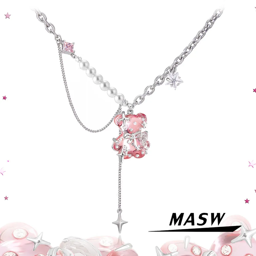 

MASW Original Design Cute Sweet Temperament Pink Bear Necklaces For Women Female Gifts Fashion Jewelry Fine Accessories