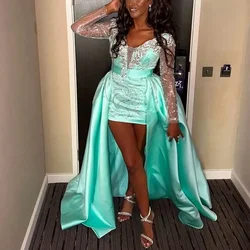 Turquoise Sequined Evening Dresses Sleeves High Low Special Occasions Dresses Overskirt See Through Long Prom Dress Beading