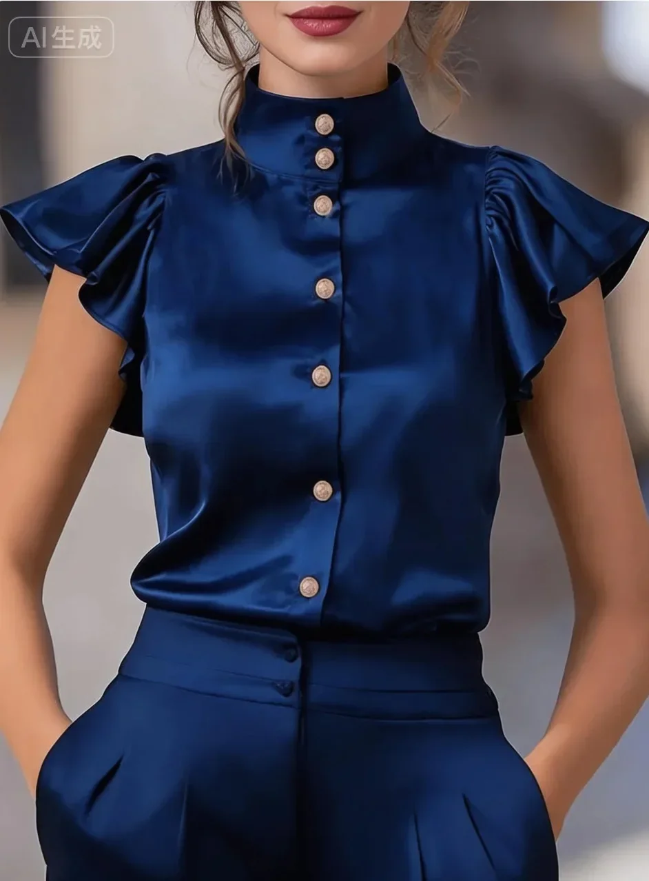 Damen-Satinbluse mit Stehkragen, Rüschenärmeln, dekorativen Knöpfen vorne, elegantes Oberteil für Büro und Pendler. – Detail 8