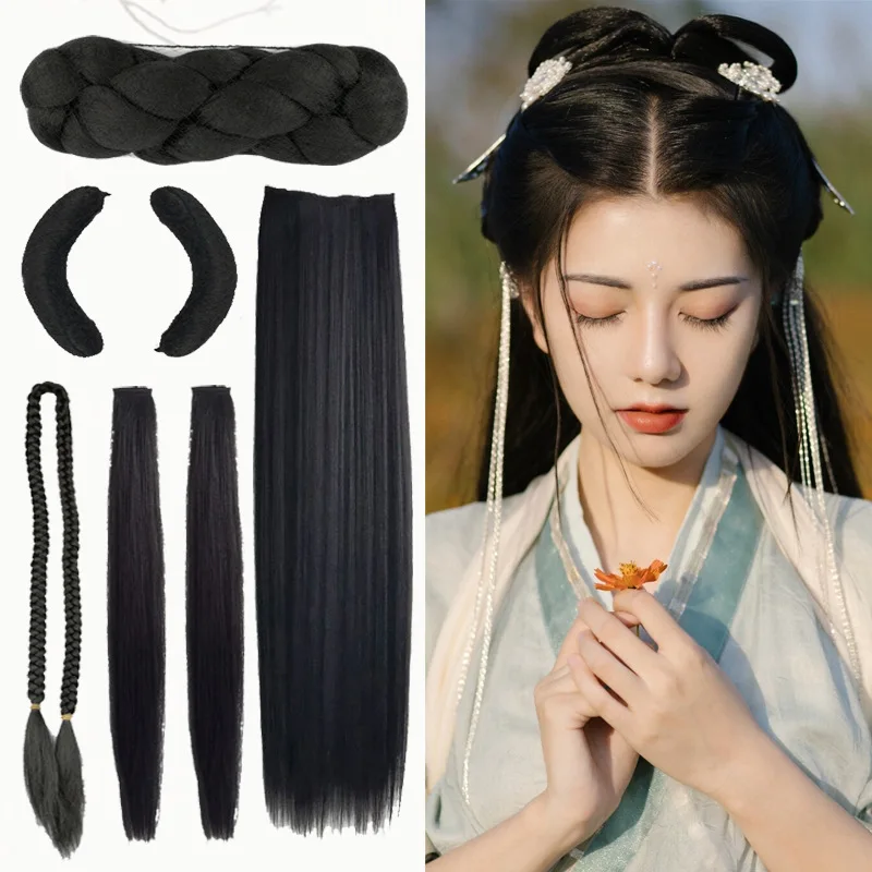 Chinese Traditional Style Wig Hair Bun Women Wigs Headdress Chinese Drama Props Heat Resistant Synthetic Stage TV Cosplay Wig