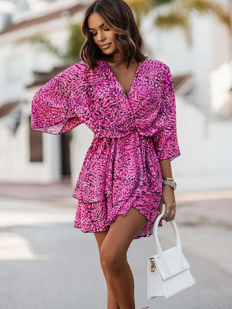 Elegant Office Dress For Wome\'s Casual Bat Sleeve Flowers Print Bohemian Beach Vacation Sundress Women Summer Ruffl Mini Dresses