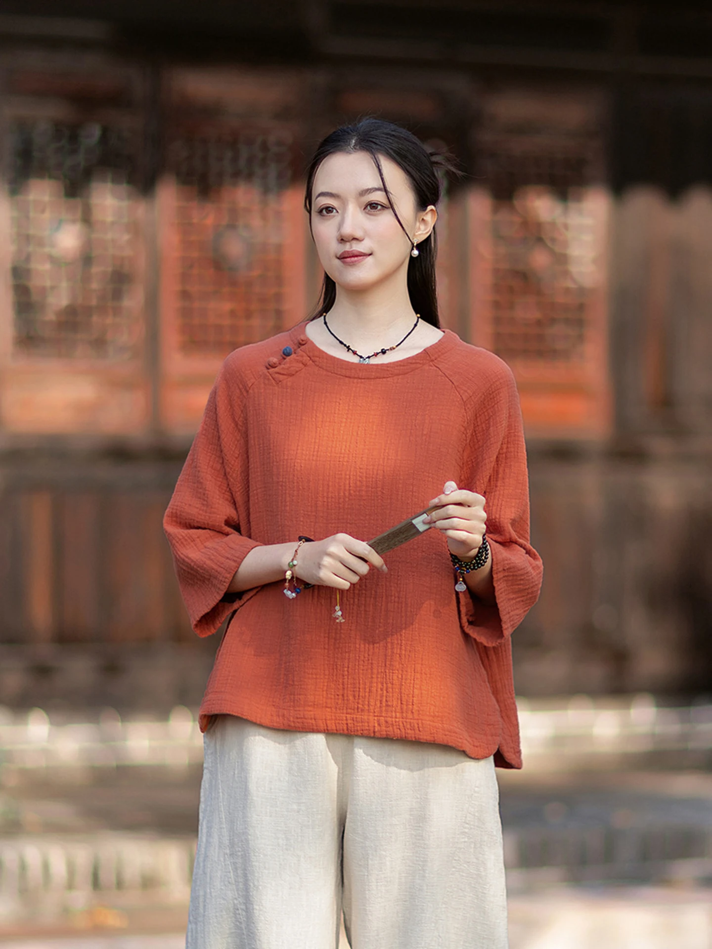 Retro Chinese Style Women's Shirt Soft Breathable Button up Crew Neck T-Shirt Loose Fit Cotton Bamboo Fabric round Neck