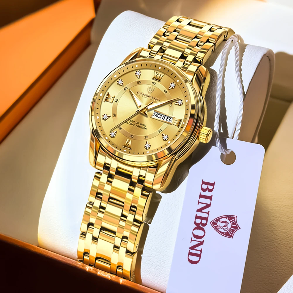 BINBOND Women's Watches 5176L Luxury Gold Fashion Original Quartz Watch for Lady Waterproof Luminous Date Week Stainless Steel