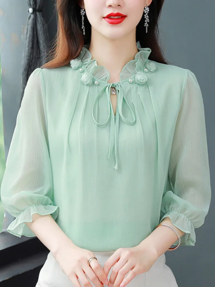 #2517 Pink White Green Chiffon Blouse Women Ruffled Collar Thin Vintage Sexy Womens Tops And Blouses Three Quarter Sleeve Summer