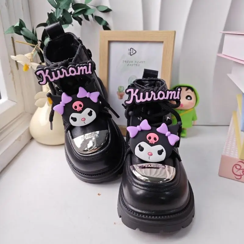 Anime Kuromi Girl Short Boots Leather Boots Winter Sanrios New Child Fashion Velvet Boots Kawaii Cartoon Autumn Cotton Boots