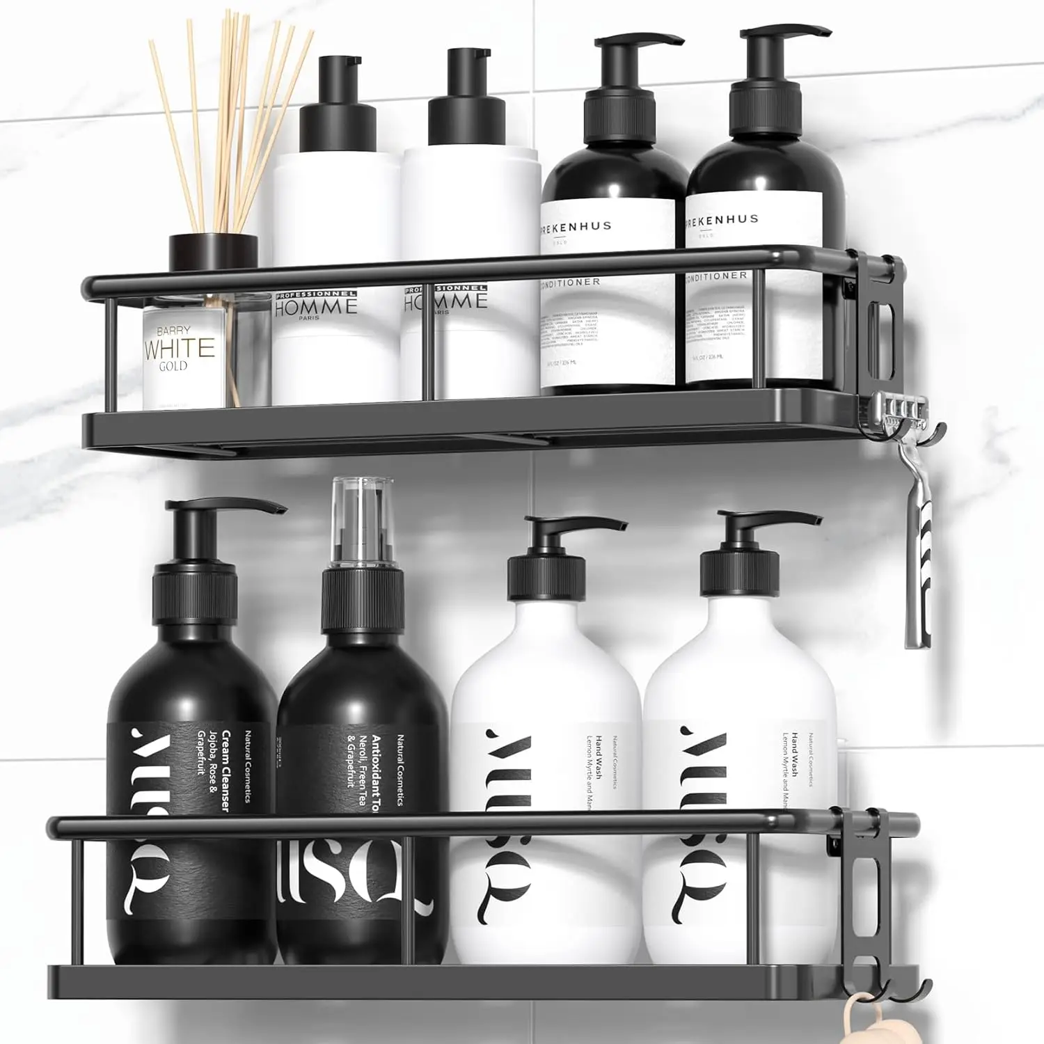 

Rustproof Shower Caddy Adhesive, Large Capacity Bathroom Organizer with Hooks, No Drill, Black