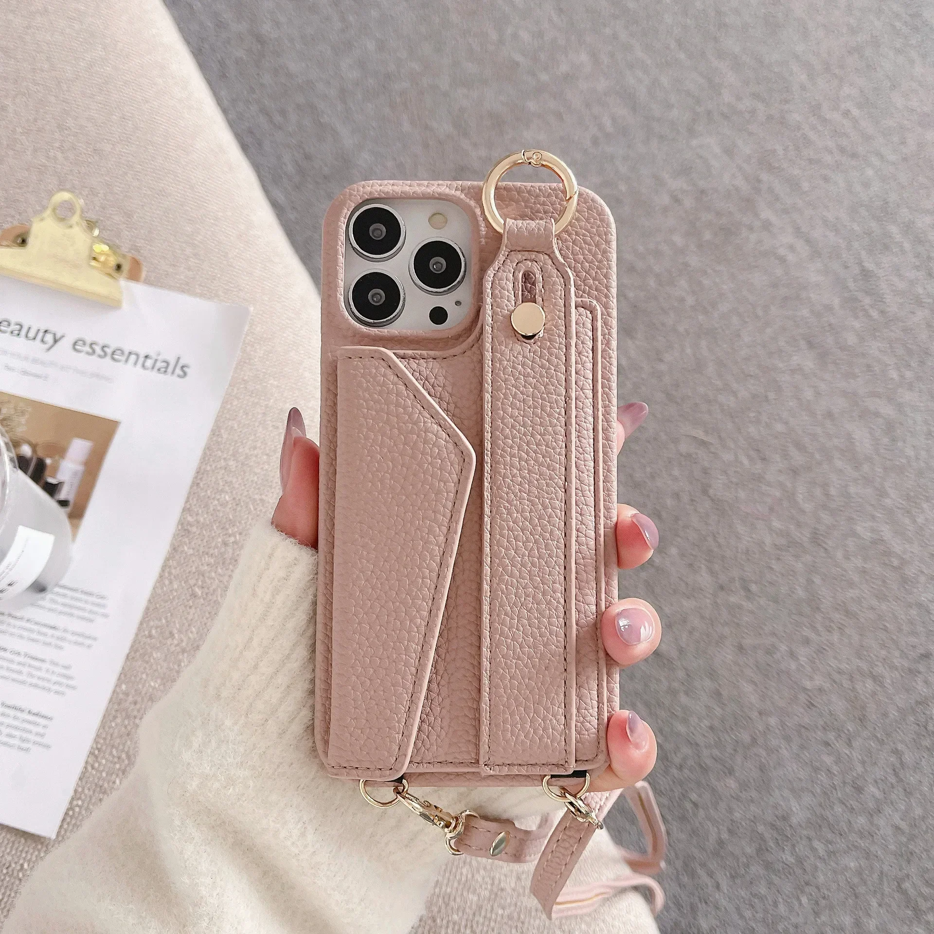 Ring-Crossbody-Handgelenkriemen-Brieftaschen-Lederhülle für iPhone 17 16 15 14 13 12 11 Pro Max Handyhülle mit Kartenfach und Lanyard – Detail 14