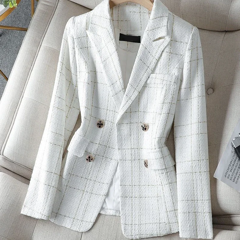 Tweed White Plaid Long-sleeved Top Jacket Women\'s Autumn and Winter New Korean Style Fashionable Elegant Loose Casual Suit ZL426