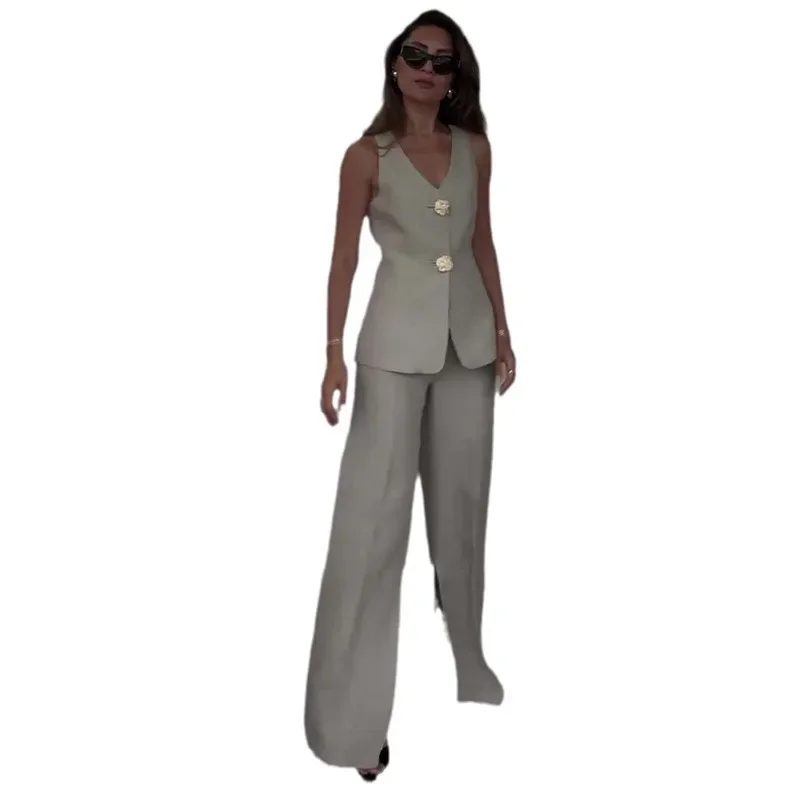 Summer New 2pcs Women Clothes Set Solid Color Sleeveless Slim Fit Vest Loose Long Pants Suit