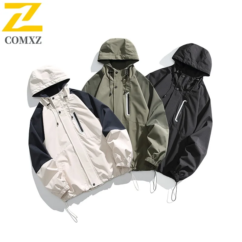 

COMXZ 2025 Spring New Windproof Waterproof Mountain Style Jacket Outdoor Color Block Trendy Windbreaker outdoor sports Hood Coat