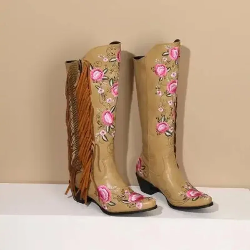 Cowboy Boots for Women Fringe Embroidery Flower Sweet Western Boots Cowgirls Roman Block High Heeled Shoes Autumn 2025