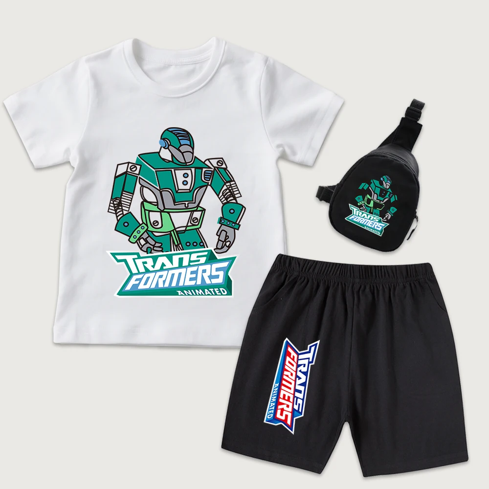 

Детская хлопковая футболка с принтом зеленого автобота из мультфильма «Трансформеры», шорты, мини-сумка на грудь, комплект из 3 предметов для мальчиков и девочек, повседневная одежда
