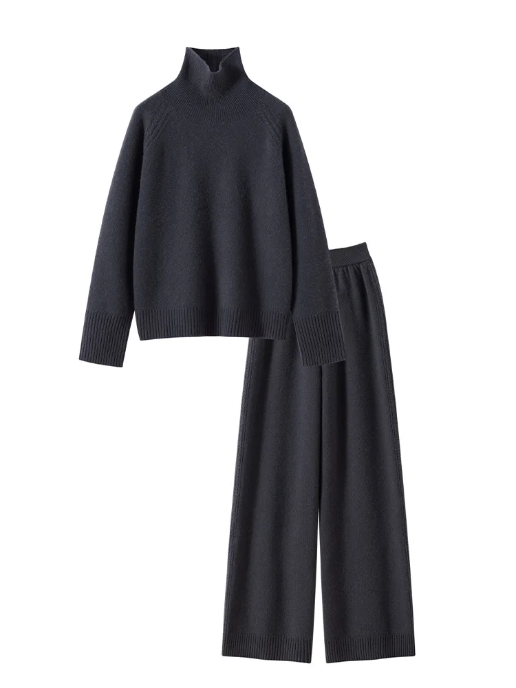 100% Cashmere Suit Autumn Winter Women's Sets Pullover Knitted Sweater O-neck Soild Tops Wide Leg Pants High-end Elegant Comfort