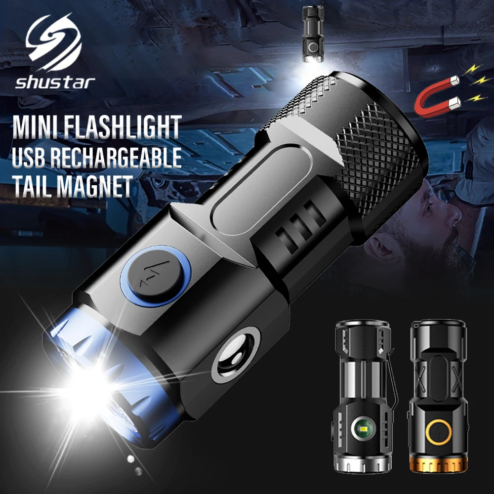 Mini Led Flashlight USB Rechargeable Torch Powerful Work Light with Side Light and Shade Camping Lantern with Tail Magnet