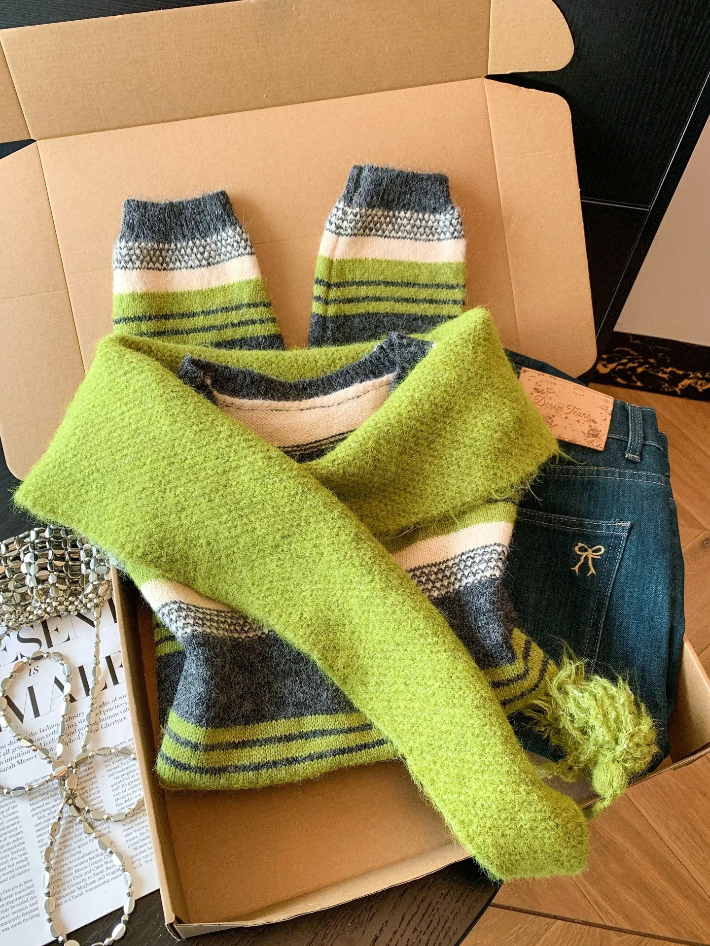 een Conjunto de suéter de punto a rayas para mujer, cálido, coreano, Laid-ba, Retro, Combo de dos piezas, suave, largo, Sve Crew Ne