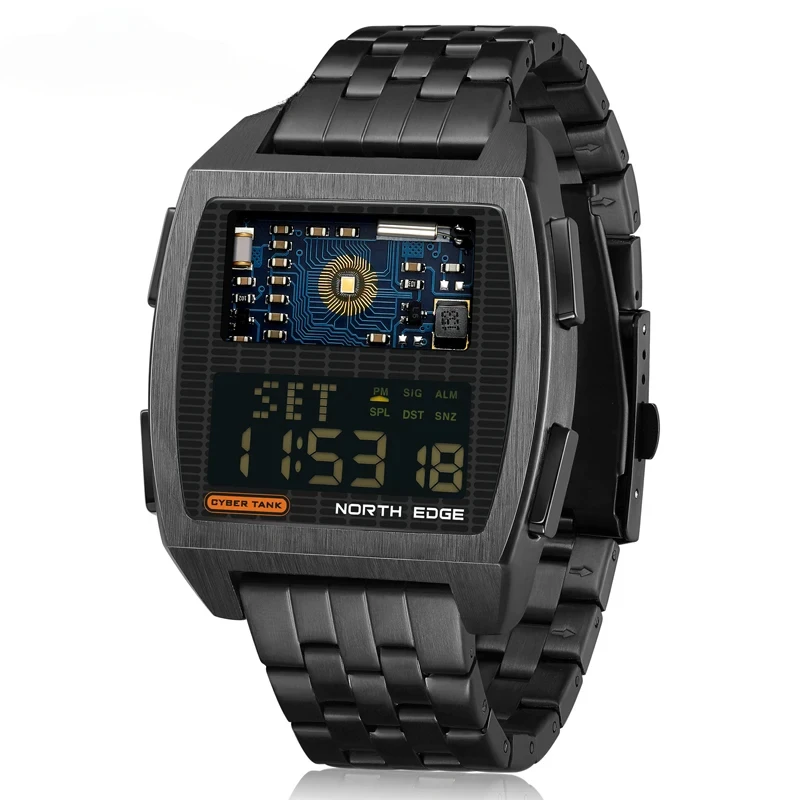 

New Men's Digital Watch Retro Industrial Style All Metal Body Sports Watch Waterproof 50M Cyber Tank Smart Watch Men