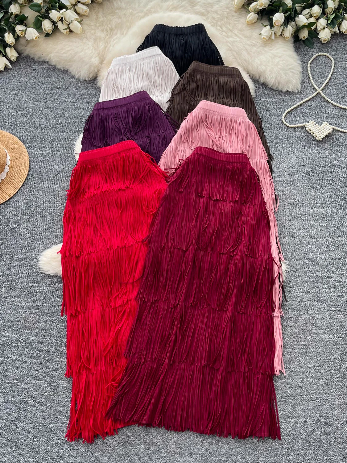 Retro Casual Tassel Trim High Waist A-Line Skirt Women Commute Slimming Cake Skirt Design Premium Feeling