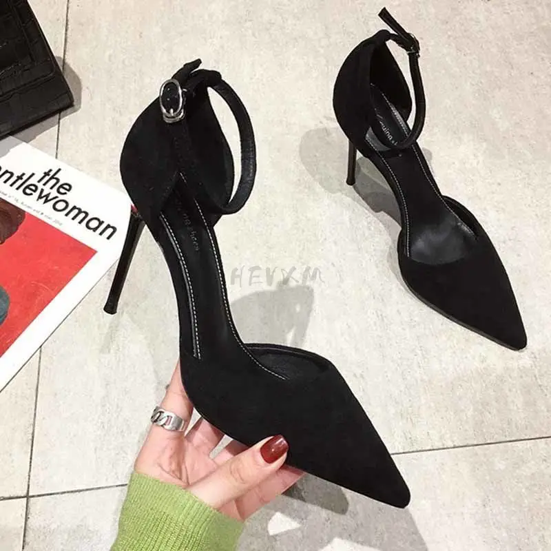 2022 Spring and Summer New Black High-heeled Sandals French Girl Pointed Toe Stiletto Buckle All-match Women's Single Shoes