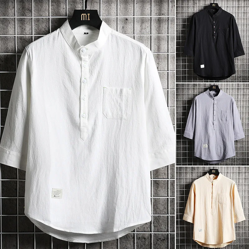 T Shirt Man 2025 Casual Summer Cotton Linen short-sleeved T-shirt Solid Color Button Pocket Loose half-sleeved Top Clothing