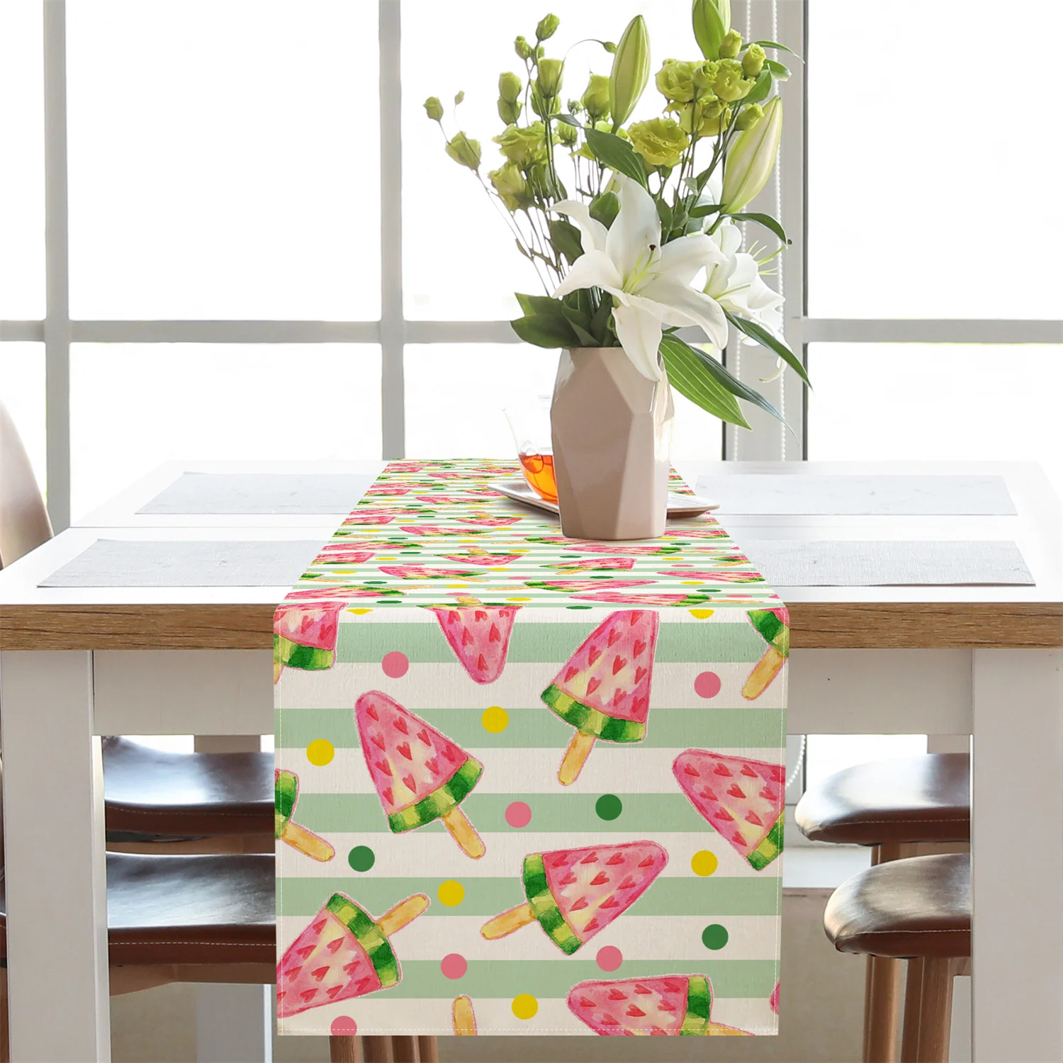 1 Piece Green Striped Watermelon Ice Cream Table Runner, Suitable for Farmhouse, Indoor, Kitchen, Celebrations, Table Decoration, Restaurant and Banquet Decoration Supplies