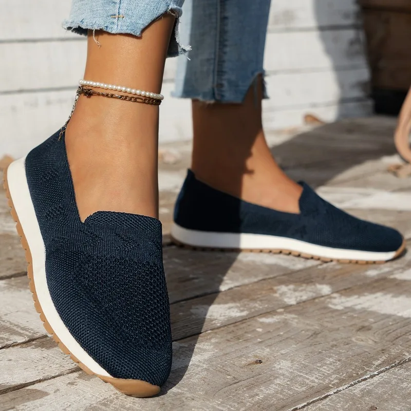 Women\'s Soft Loafers New Solid Color Casual Flat Shoes Spring Fashion Slip-on Round Toe Mesh Breathable Outdoor Vulcanized Shoes