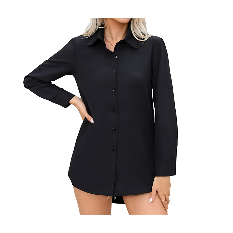 ABRT-Damen-Langarmshirt mit Stretch-Button-Down-Motiv, weich, Basic, knitterfrei, für Arbeit, Business, formelle Freizeitbluse