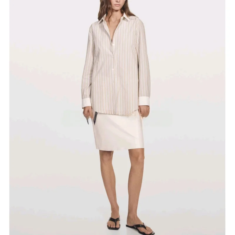 

Женская осенне-зимняя повседневная рубашка с длинным рукавом, в полоску, с отложным воротником, свободного кроя, дышащая, из полиэстера