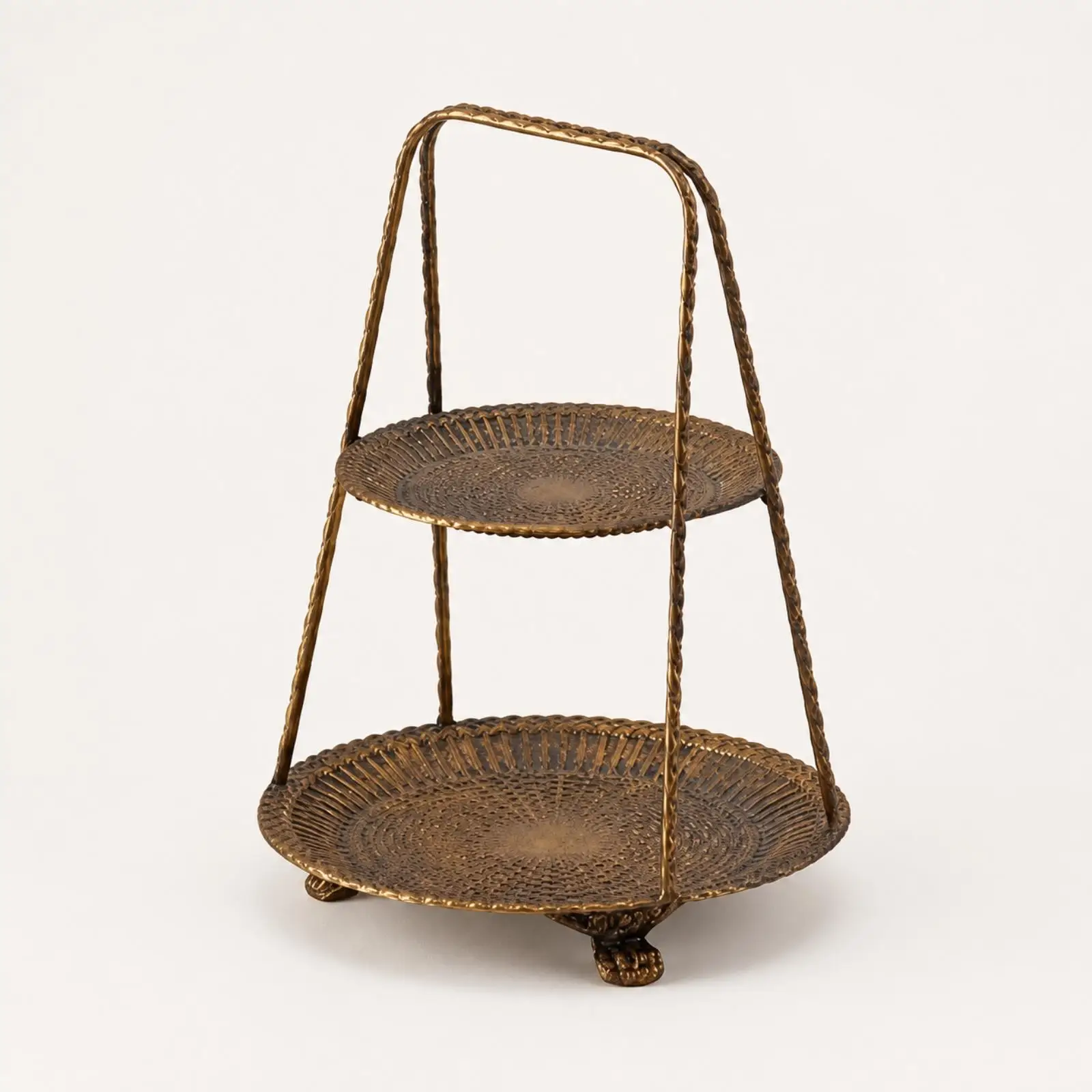 Antique Gold Finish Metal Bird Feeder Tray Double Deck Stand for Garden Courtyard Outdoor Use