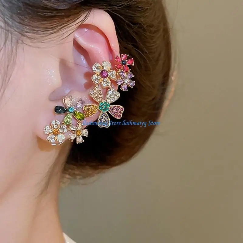 

573B Sparkling Floral Crystal Earrings Silver Posts Ear Accessory For Women Gift