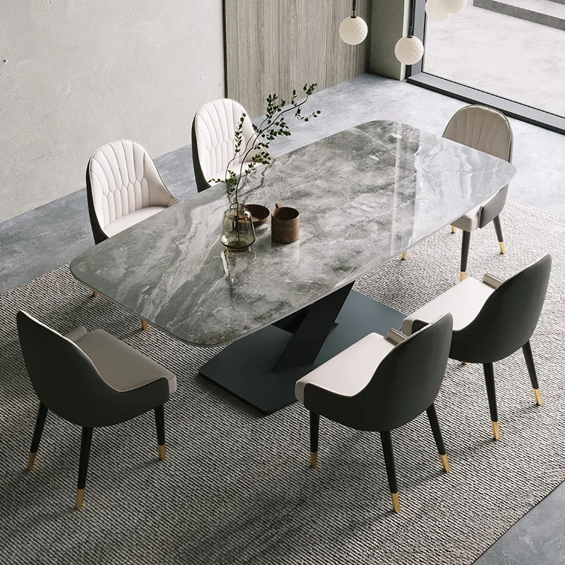 Bright rock slab dining table rectangular small apartment household dining table black dining table and chair combination