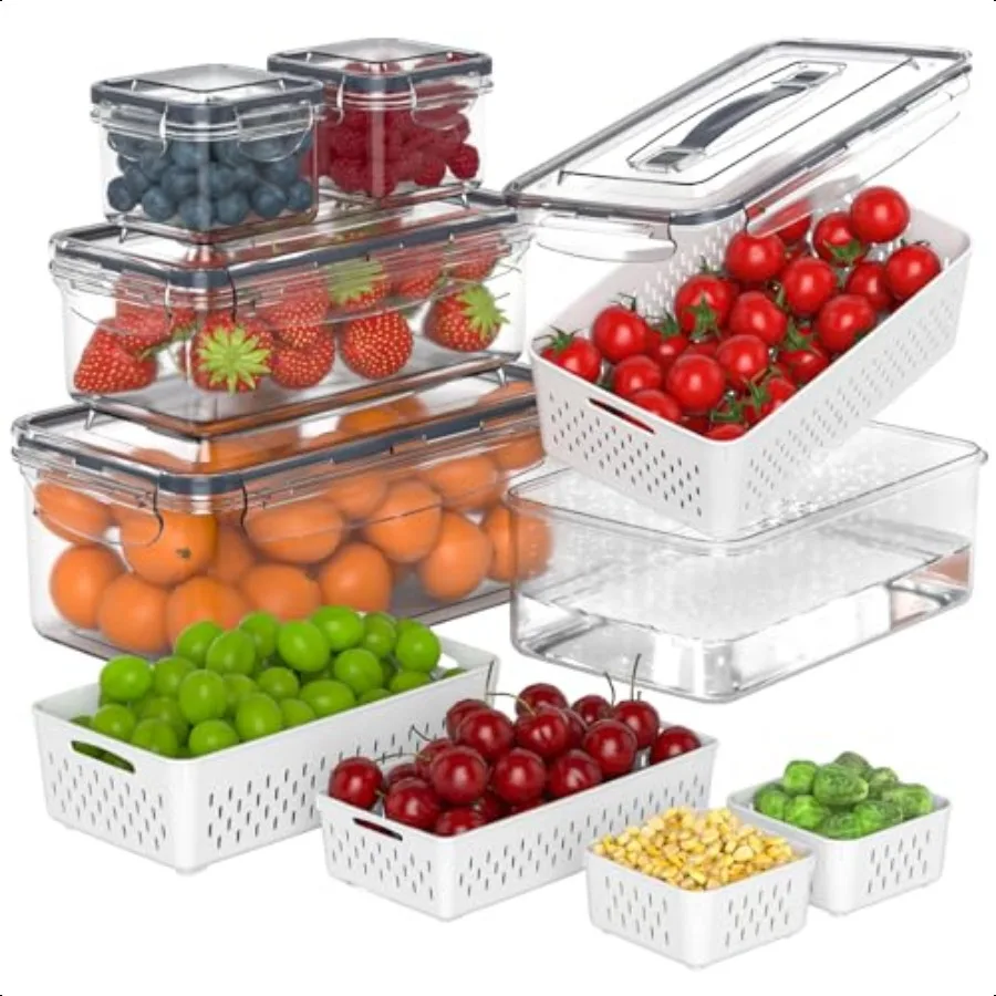 

5 Pcs Fruit Storage Containers For Fridge with Removable Colander and Handle Lid Refrigerator Organizers and Storage Airtight C