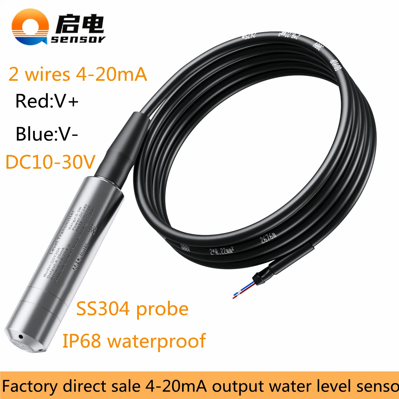 

2 wires 4-20mA output hydrostatic level sensor 5M 10M 15M 20M Liquid Level Transmitter Transducer QDY30A