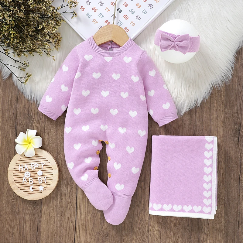 Newborn Baby Romper Blanket Knit Infant Girl Jumpsuit Long Sleeve Quilt 90*70CM Headwear Fashion Love Kid Clothing Set 3pcs 0-9M