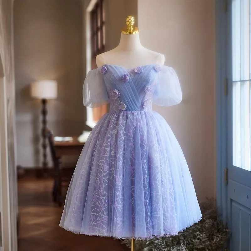 

Фиолетовое вечернее платье, новинка 2025 года, стильное нишевое высококачественное цветное платье из пряжи, короткое стильное художественное экзаментное платье принцессы для банкета, дня рождения