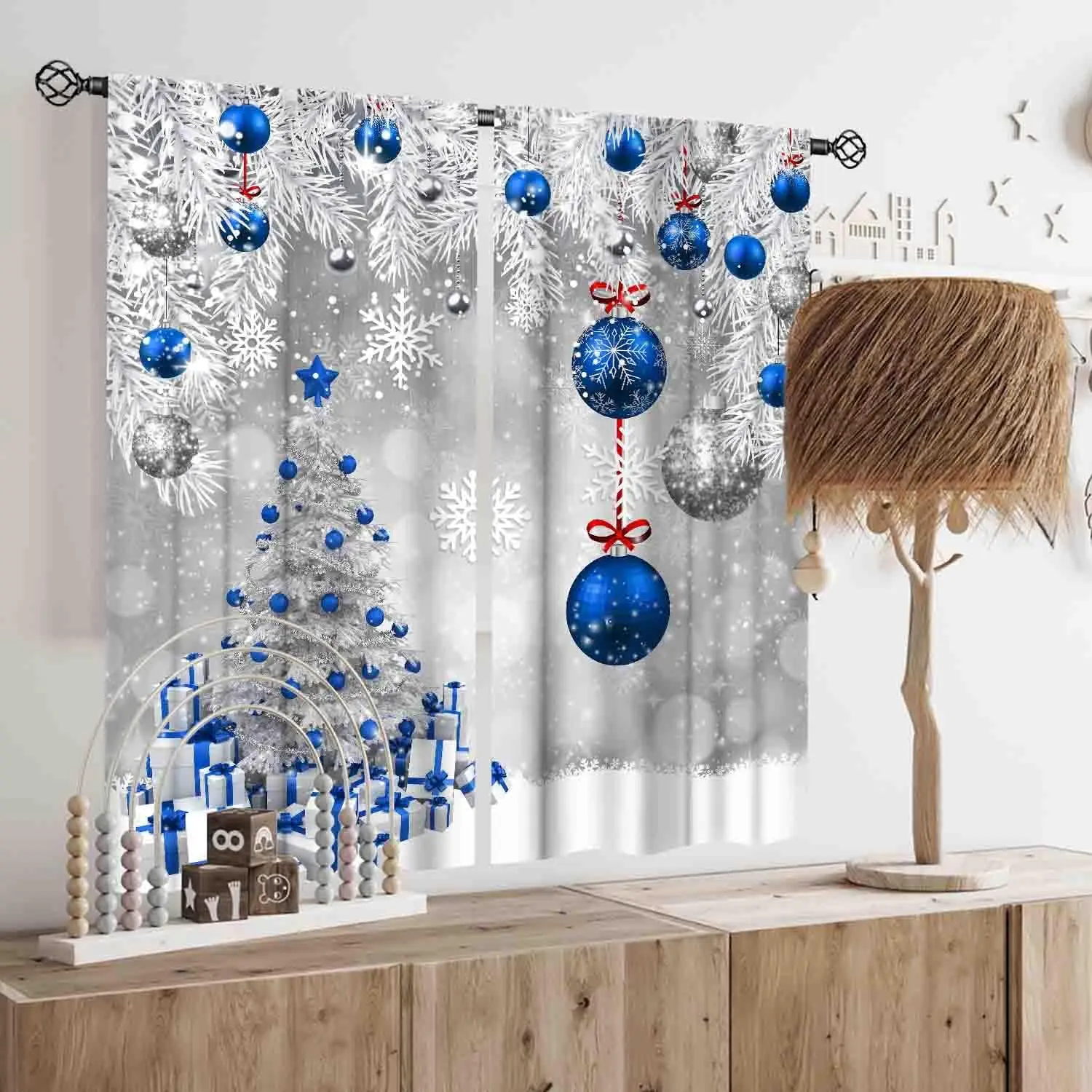 Christmas Curtains for Living Room, Xmas Merry Christmas Tree Fir Twigs Ball New Year Winter Snow Holiday Party Decor Silver