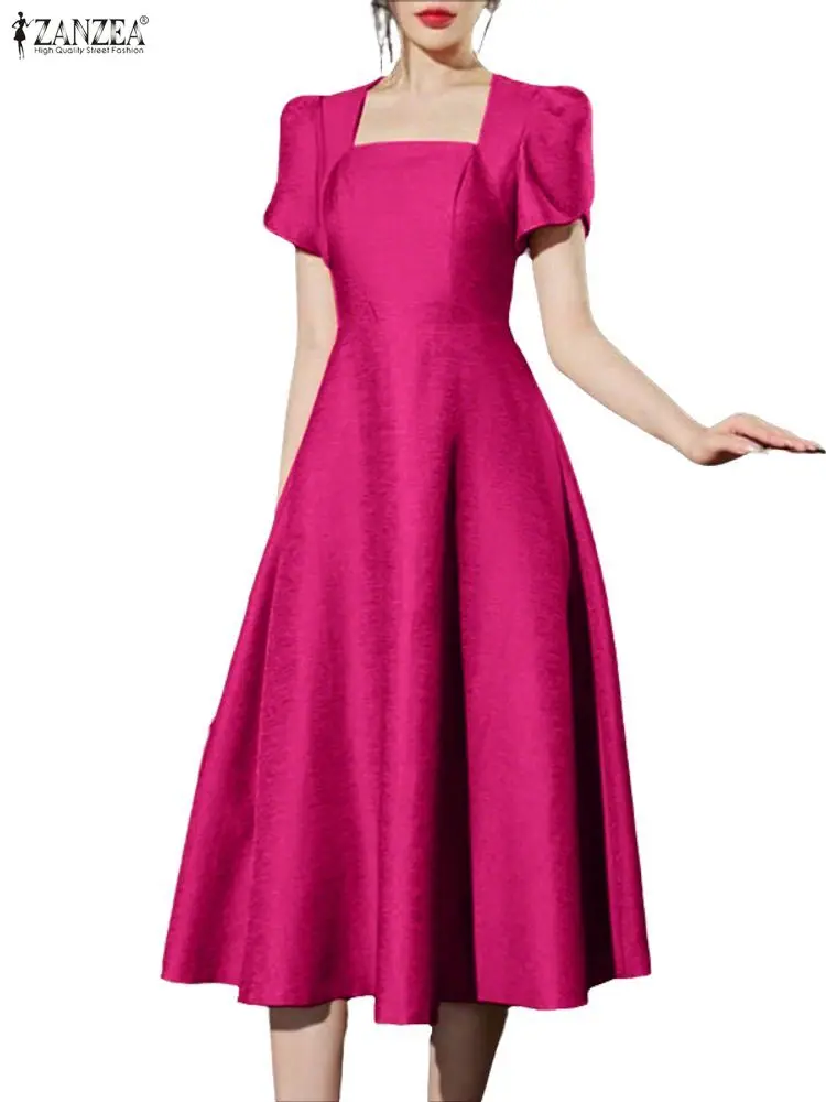 Stylish Women Dresses 2025 ZANZEA Elegant Square Neck Party Dress Petal Sleeve Sundress Waisted Satin Robe A Line Work Vestido