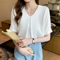 Summer Short Sleeve Women Blouse Casual V-Neck White Chiffon Blouse Shirt Women Tops Blusas Mujer De Moda 2024 Verano Blusa F456