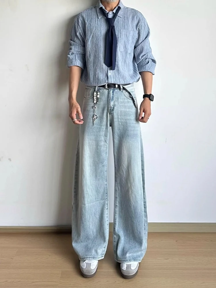 

Cleanfit High Waist Blue Waed Denim Jeans Men's Autumn American Sle Loose Straight Leg Retro Trousers