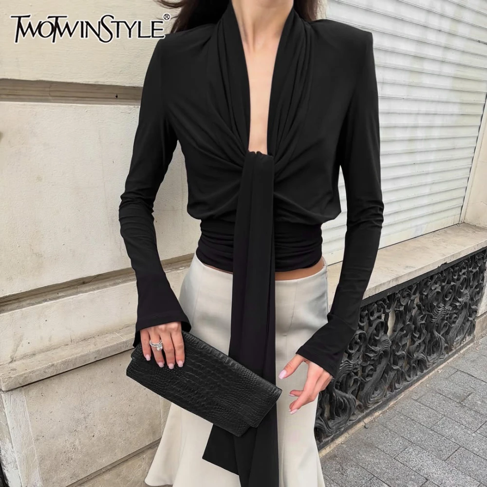 TWOTWINSTYLE Black Long Sleeve T Shirts for Women V Neck Front Tie Cropped Wrap T Shirt for Daily Temperament Fashion New Style