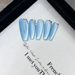 Handmade Press On Nails Unique Blue Cat Eye Wearable Rhinestone Long False Nails Reusable Full Cover Charm Nails Long Coffin