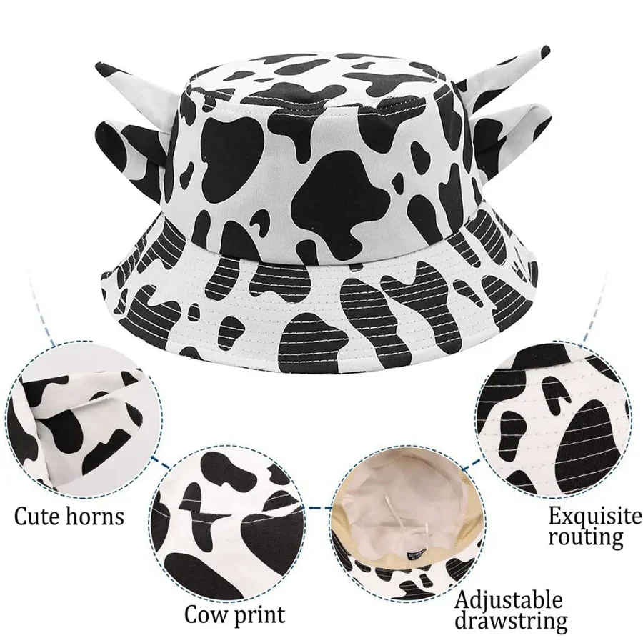 Cow Print Bucket Hats Cute Horn Ears Foldable UV Protection Fisherman Hat for Men Women Kids Summer Sport Hiking Beach Bob Hat