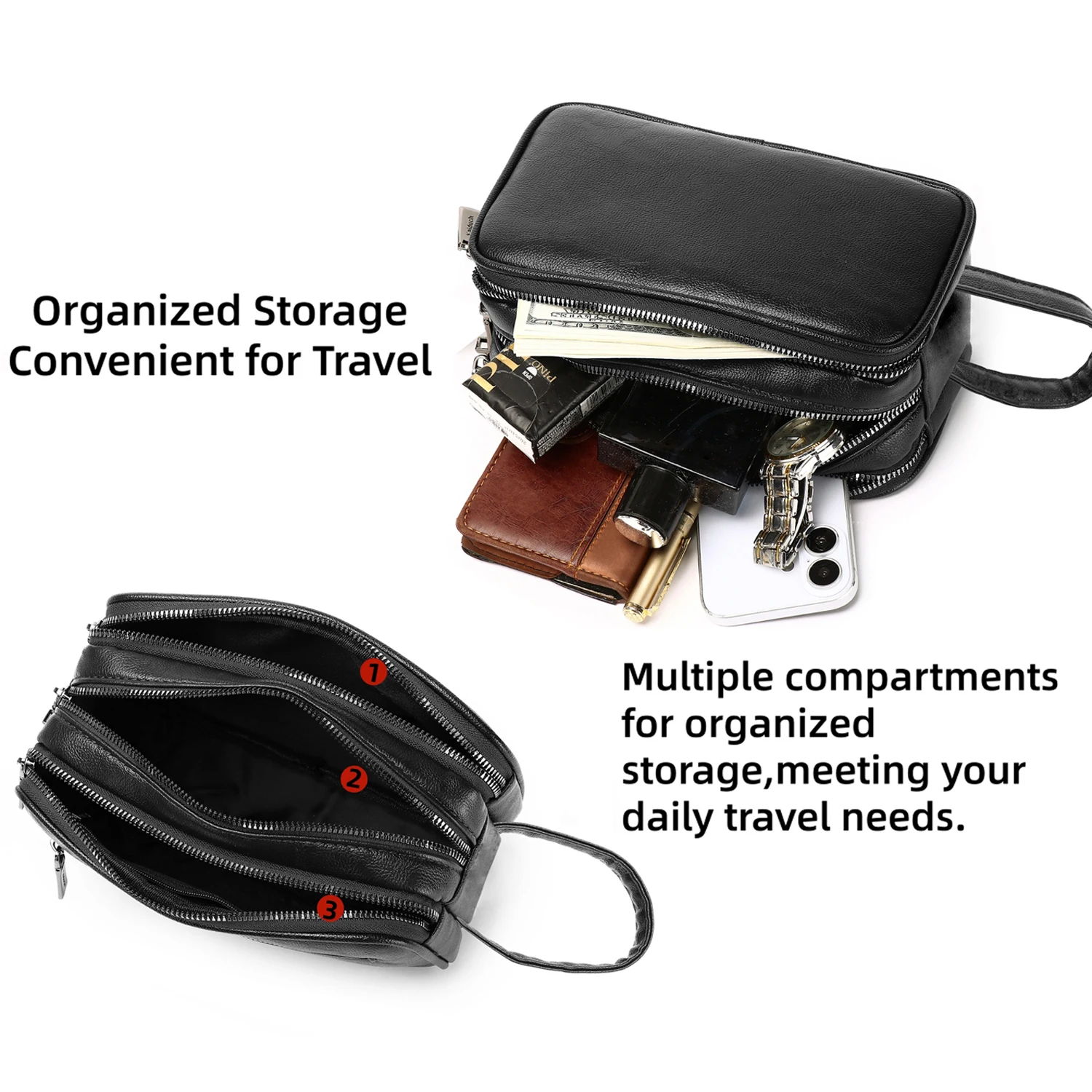 Herren PU-Leder Clutch-Tasche mit Handschlaufe, Mehrfach-Fächer Reißverschluss-Handtasche, Große Kapazität Organizer-Tasche – Detail 5