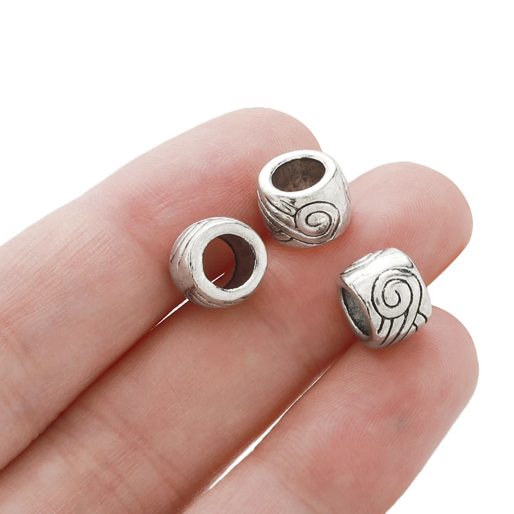 10pcs Tibetan Silver Round Sliding Spacer Beads Big Hole Loose Bead For 5mm Leather Rope Bracelets Handmade Jewelry Making