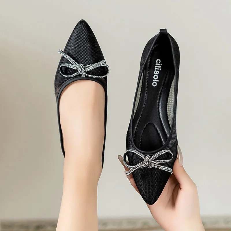 

Sweet Butterfly Knot Breathable Mesh Flat Bottom Pointed Toe Casual Shoes for Women Spring Summer Fashion Versatile Slip-On Shoe