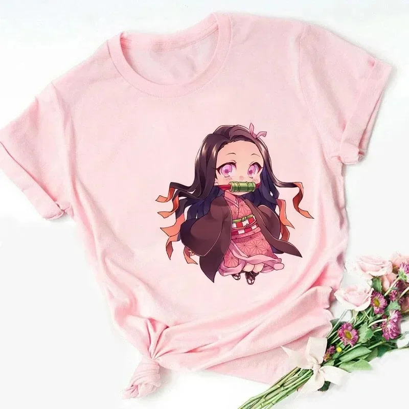 Camiseta de algodão estampada infantil Nezuko Kamado, Kimetsu No Yaiba, camiseta rosa bebê, bonito Harajuku Kawaii Kid roupas, camiseta menina, tops