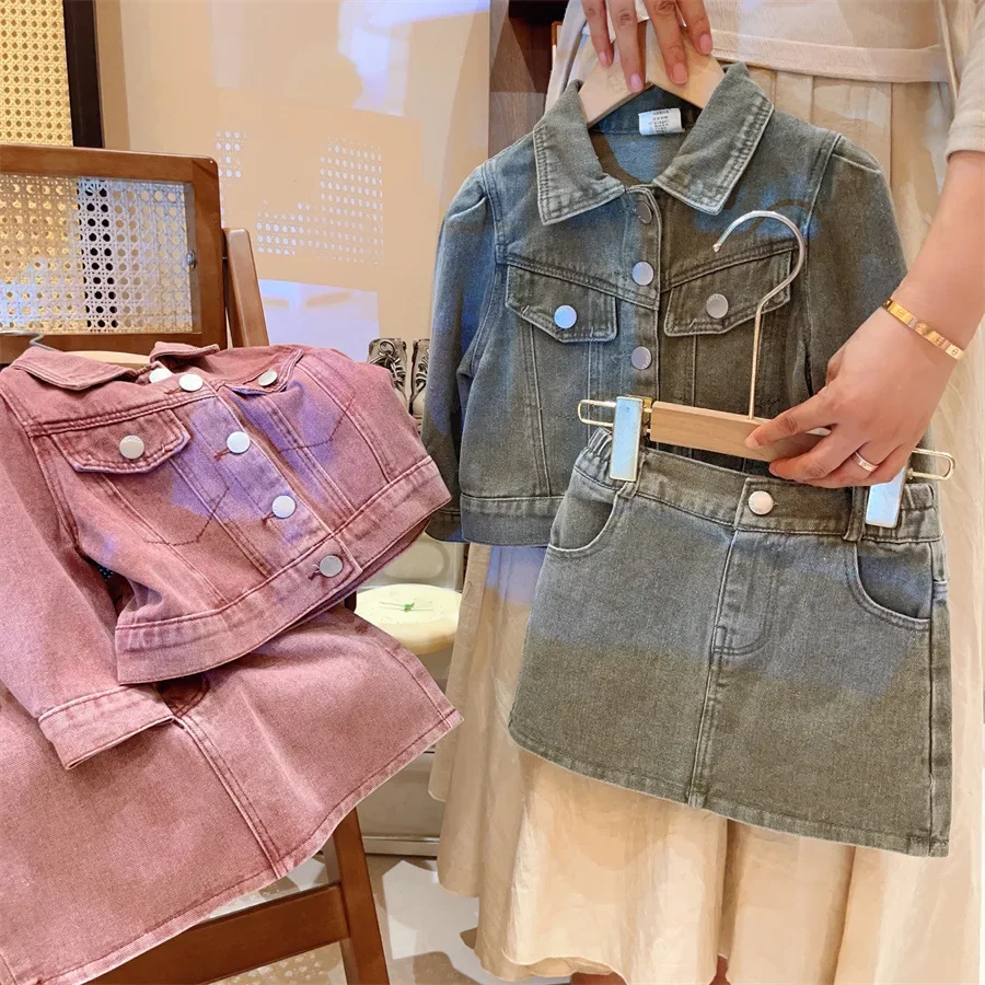 

two piece set baby girls jeans suit children kids clothes 2024 spring denim coat + skirt toddler outfits vintage 2 to 12 years